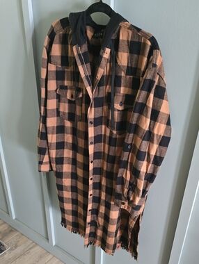 Risen Plaid Hooded Flannel Shirt Jacket - Black & Tan